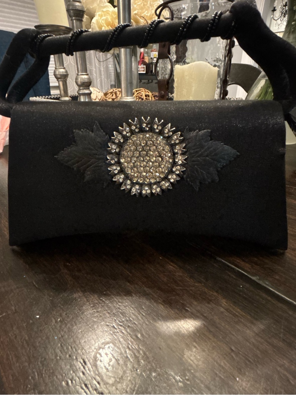 Cache Black Satin Evening Clutch with Crystal Sunburst